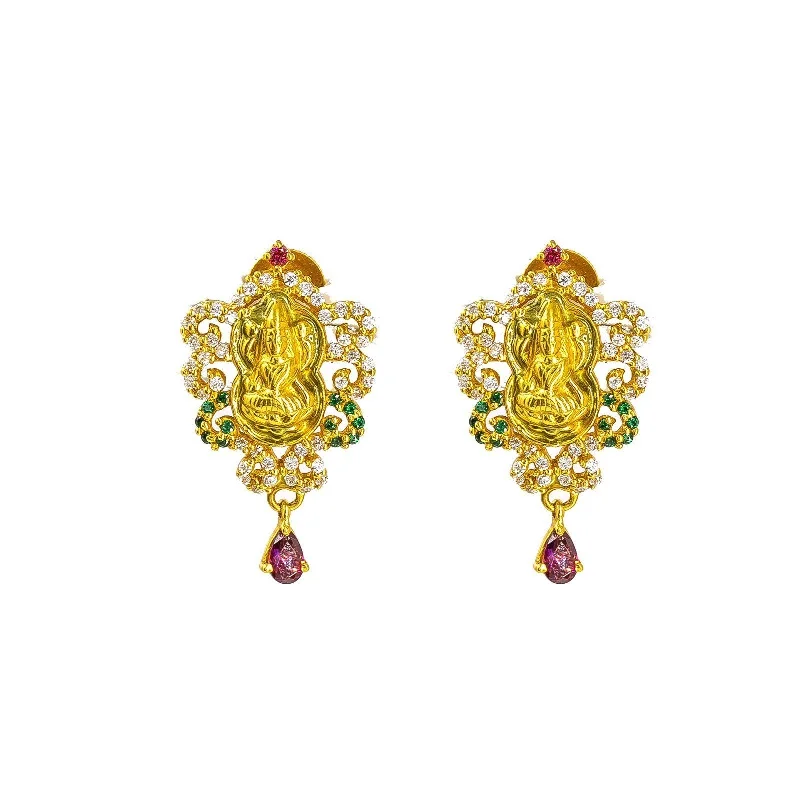 women's earrings with butterfly embellishments -22K Yellow Gold Laxmi Earrings W/ Ruby, Emerald, CZ Encrusted Lotus Flower & Hanging Two Prong Ruby