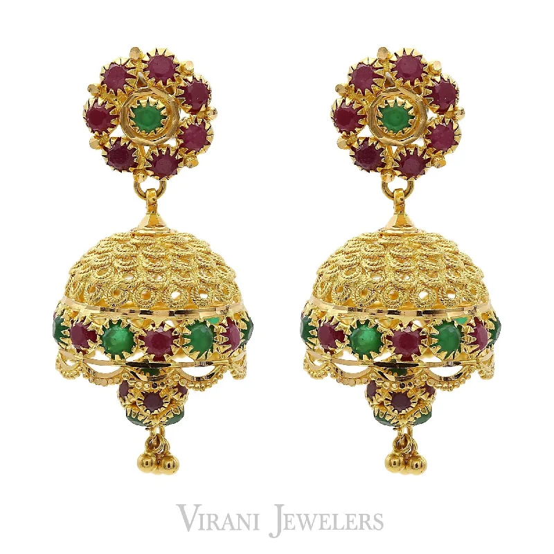 women's earrings for prom -22K Yellow Gold Flower Jhumkis Drop Earrings W/Rope Filigree