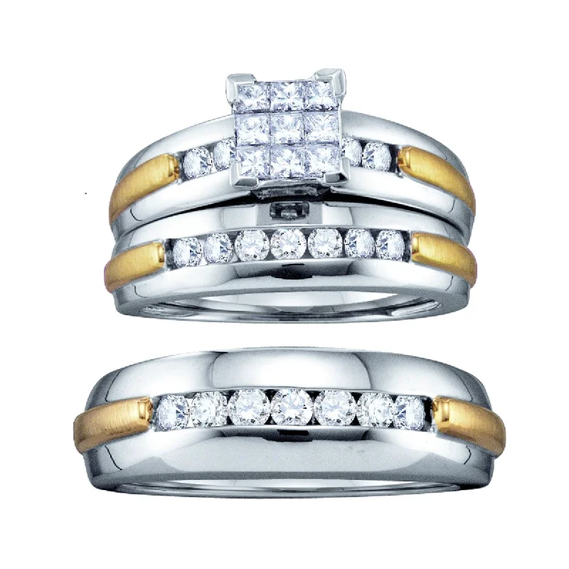 engagement rings cushion cut -1/2 CTW Diamond Wedding Trio Set in 10KT White and Yellow Gold