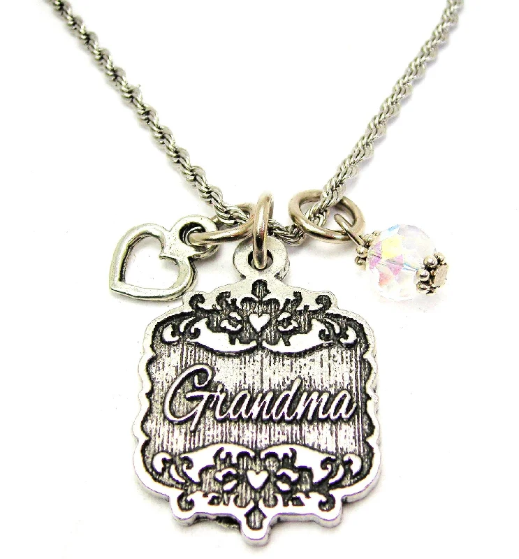 women's necklaces with crown pendant -Grandma Victorian Scroll With With Open Heart And Crystal 20" Stainless Steel Rope Necklace