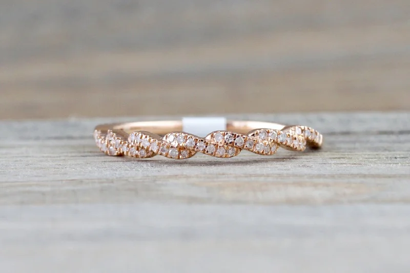 engagement rings platinum -14k Rose Gold Diamond Pave Twist Polished  Ring Band Wedding Promise Rope