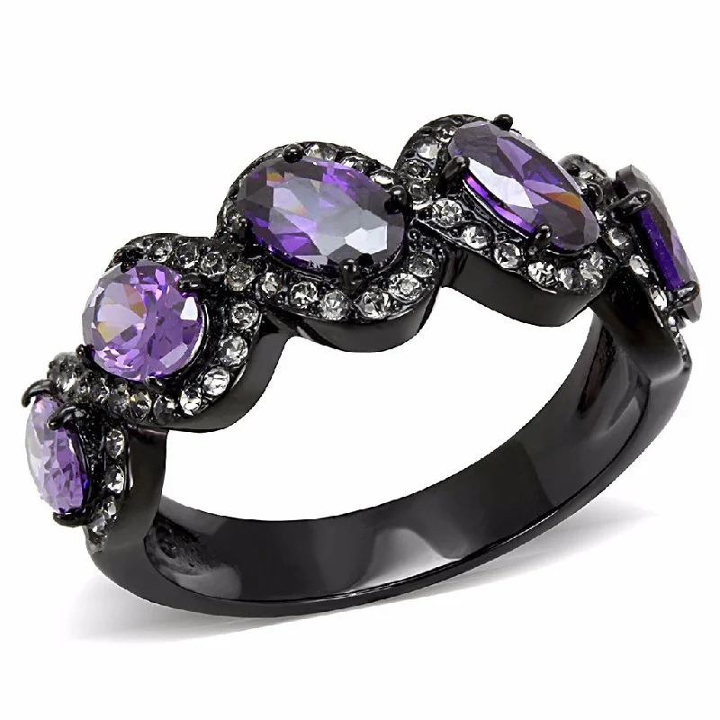 women's rings gemstone -5 Purple Oval CZs with Clear CZs set in Black IP Stainless Steel Band Ring