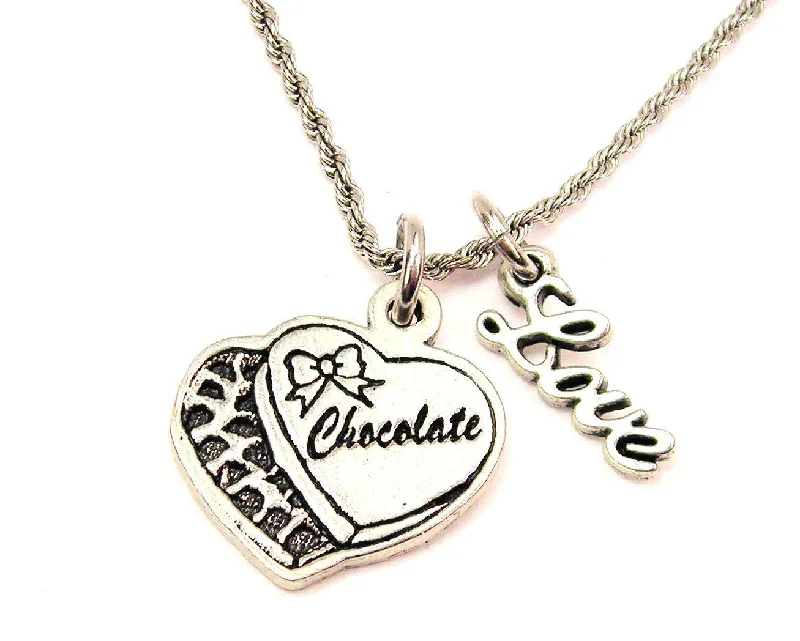 women's necklaces with vintage charm -Box Of Chocolates With Bow 20" Chain Necklace With Cursive Love Accent