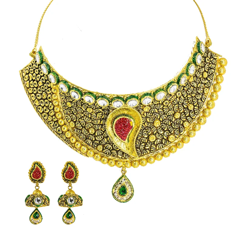 women's earrings with vintage style -22K Yellow Gold Choker & Jhumki Drop Earrings Set W/ Ruby, Emerald, Kundan & Deep Carved Mango Detail