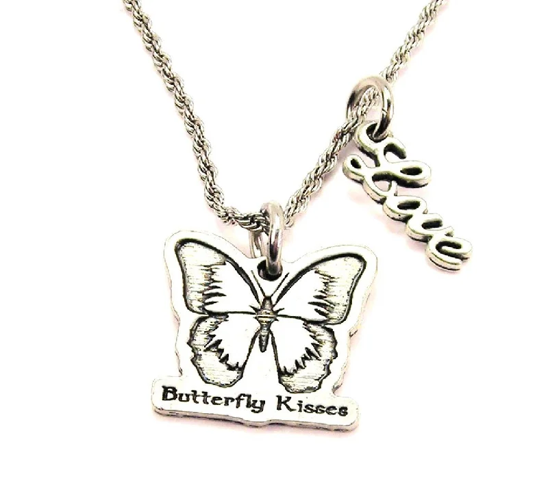 women's necklaces with compass charm -Butterfly Kisses 20" Chain Necklace With Cursive Love Accent