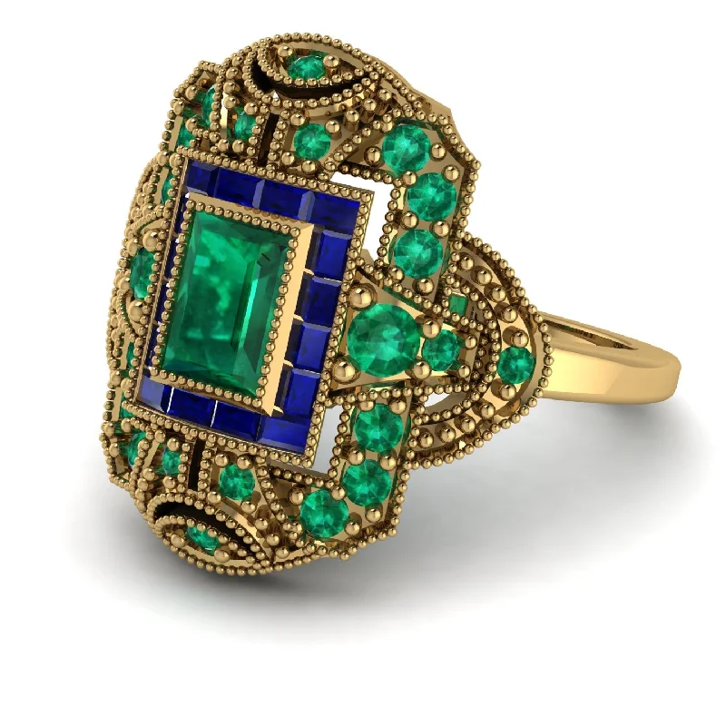 women's rings with halo diamonds -Victorian Gold Ring With Emerald - Janice No. 64