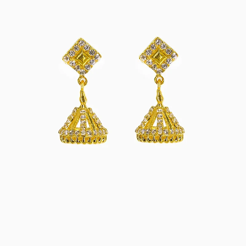 women's earrings with heart-shaped gemstone -22K Yellow Gold Jhumki Drop Earrings W/ CZ Gems & Diamond Shaped Pendants