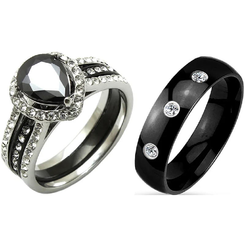 engagement rings with hidden diamonds -3 PCS Couple Pear Cut Black CZ Black IP Stainless Steel Wedding Set Mens Band with 3 CZs