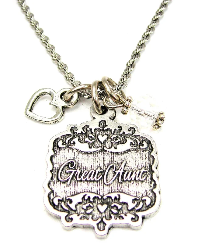 women's necklaces with geometric design -Great Aunt Victorian Scroll With Open Heart And Crystal 20" Stainless Steel Rope Necklace