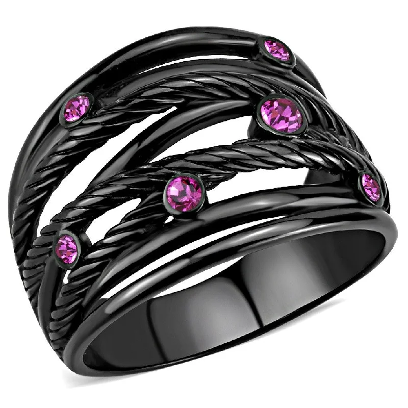 women's rings with engraved initials -Top Grade Fuchsia Crystal Designer Black IP Stainless Steel Womens Wide Band