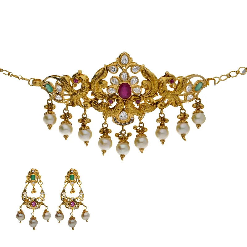 women's earrings with ruby -22K Yellow Antique Gold 2-in-1 Choker/Vanki & Chandbali Earrings Set W/ Emerald, Ruby, CZ, Pearls & Feather Peacock Accents