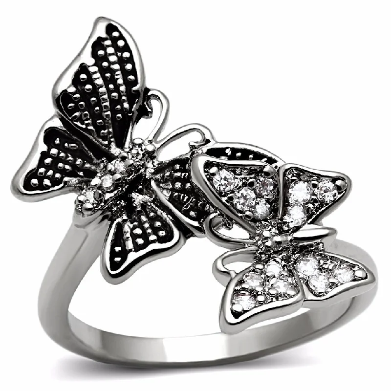 women's rings mixed metals -Two Butterfly Clear CZ Stainless Steel Non Tarnish Band