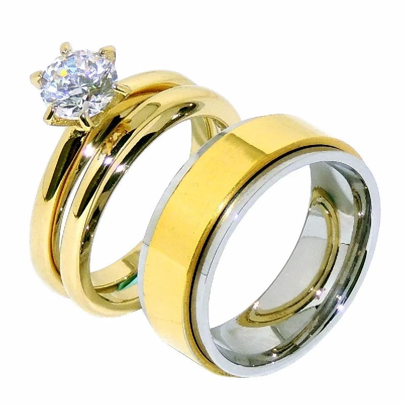 engagement rings with nature-inspired stones -His Hers 3 PCS Round Cut CZ Solitaire Gold IP Stainless Steel Wedding Set Mens Gold Spinning Band