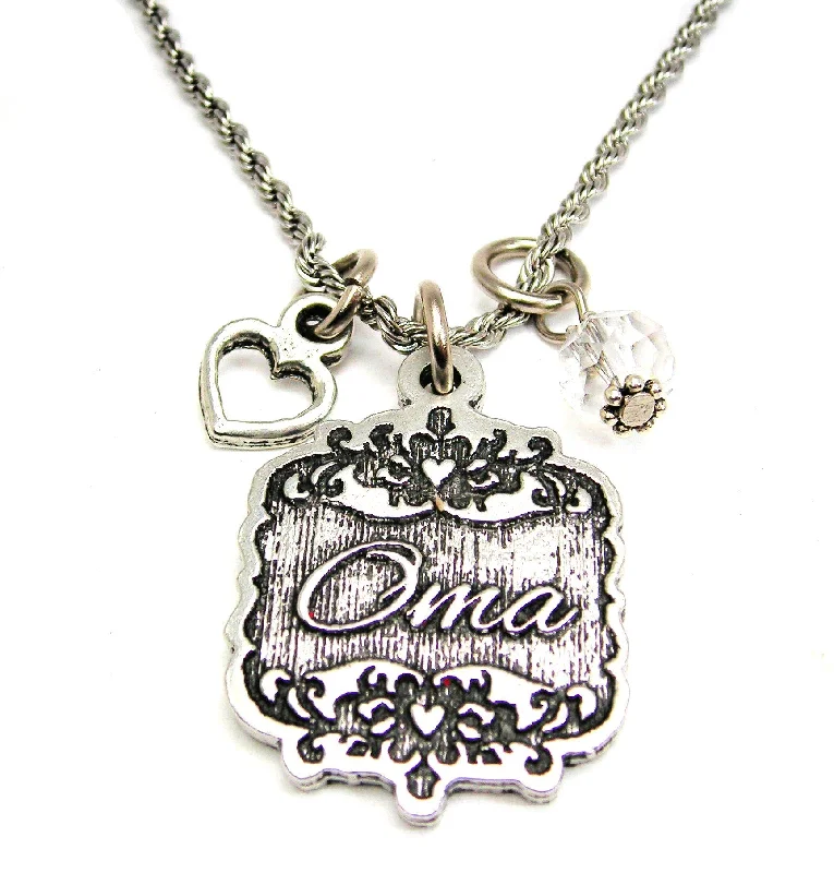 women's necklaces with cross pendant -Oma Victorian Scroll With With Open Heart And Crystal 20" Stainless Steel Rope Necklace