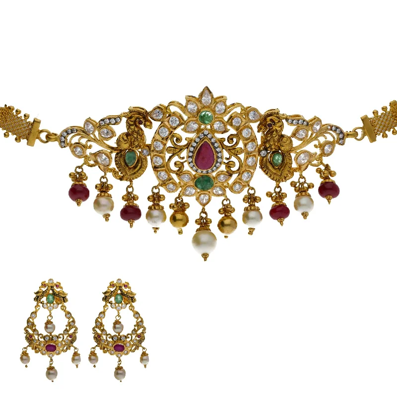 women's earrings for wedding day -22K Yellow Gold 2-in-1 Choker/Vanki & Chandbali Earrings Set W/ Emerald, Pachi CZ, Hanging Pearls & Darkly Etched Accents