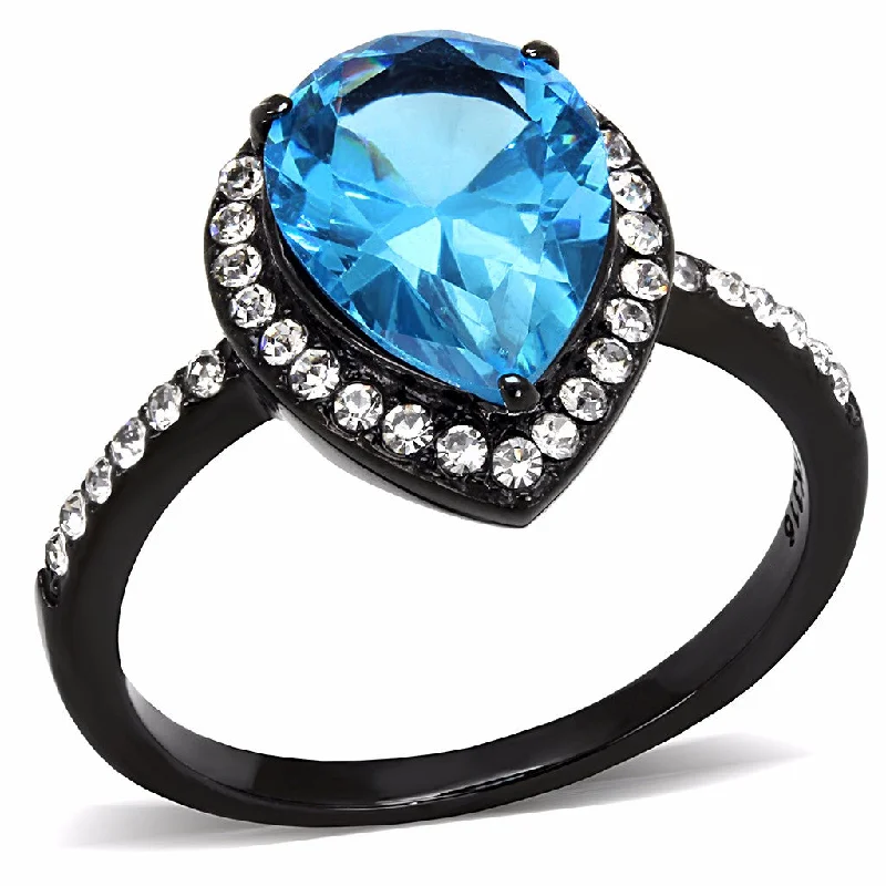 women's rings rose gold -Sea Blue 11x8.5mm Pear Cut CZ Center Black IP Stainless Steel Cocktail Ring