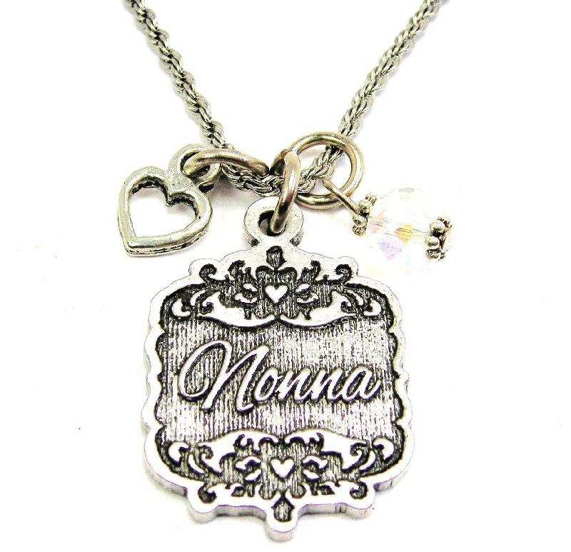 women's necklaces fashion-forward -Nonna Victorian Scroll With Open Heart And Crystal 20" Stainless Steel Rope Necklace