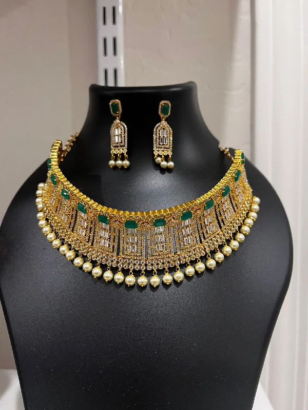 women's necklaces with vintage charm -Exquisite Green And White Color Stone Designed AD Necklace Set And Earrings With Beads