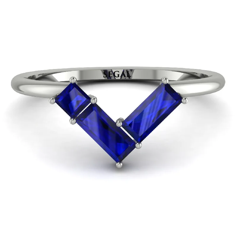 women's rings with crystal accents -Emerald Cut Stacking Sapphire V Shape Ring - Arabella No. 15