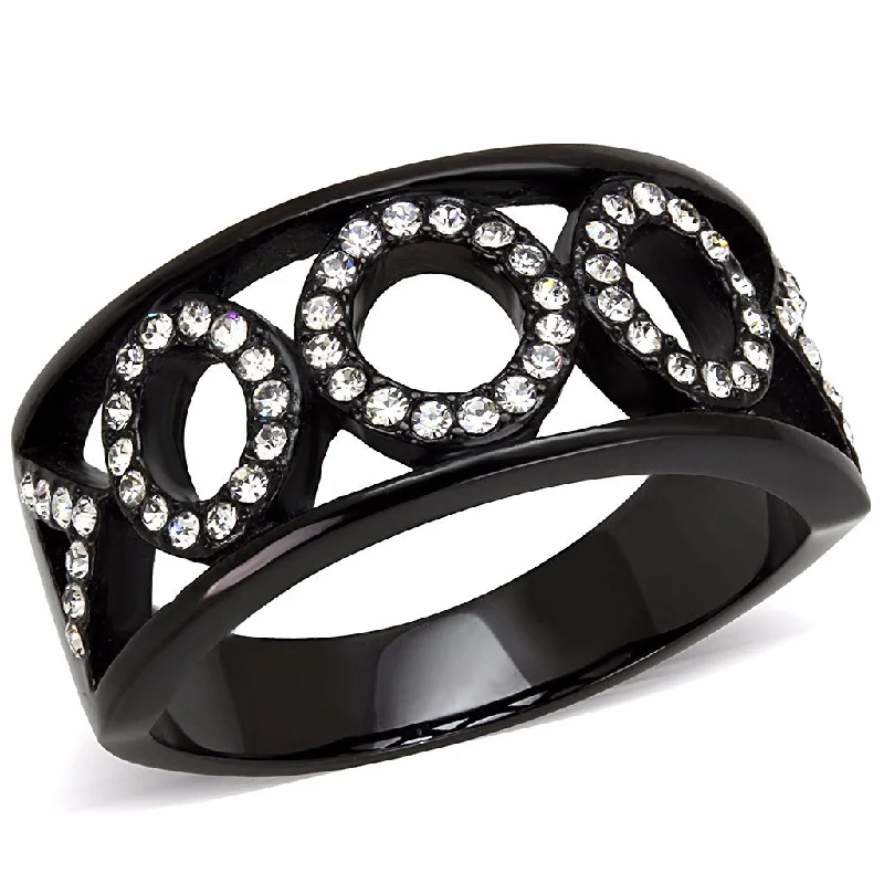 women's rings sapphire -Clear CZ on 3 Link Circles Set in Black IP Stainless Steel Band Ring