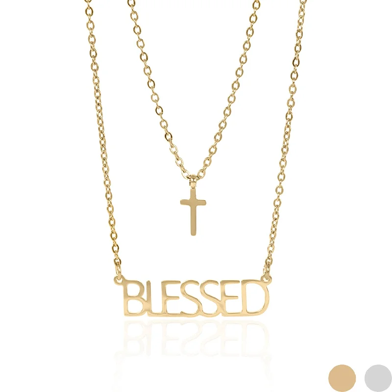 women's necklaces with diamond pendant -Stainless Steel PVD Coated "Blessed" Layered Cross Charm Necklace / SBB0323