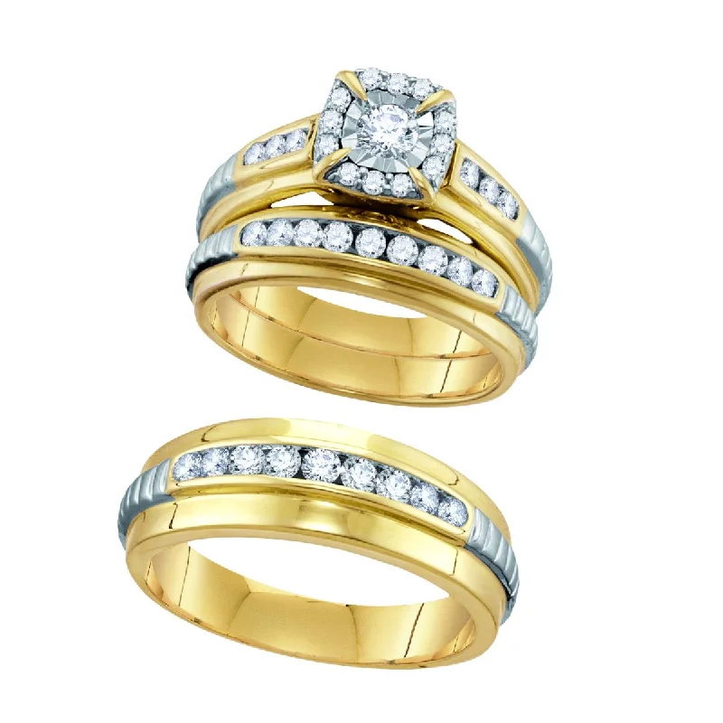 engagement rings with diamond-studded band -1/3 CTW Diamond Halo Wedding Trio Set in 10KT White and Yellow Gold