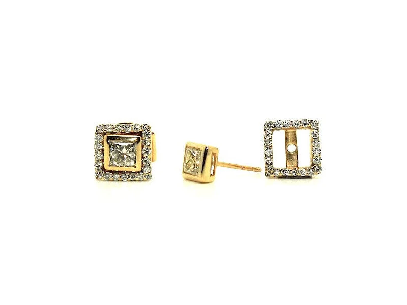 women's earrings round stud -Bezel Set Princess Cut Diamond Stud With Diamond Jackets