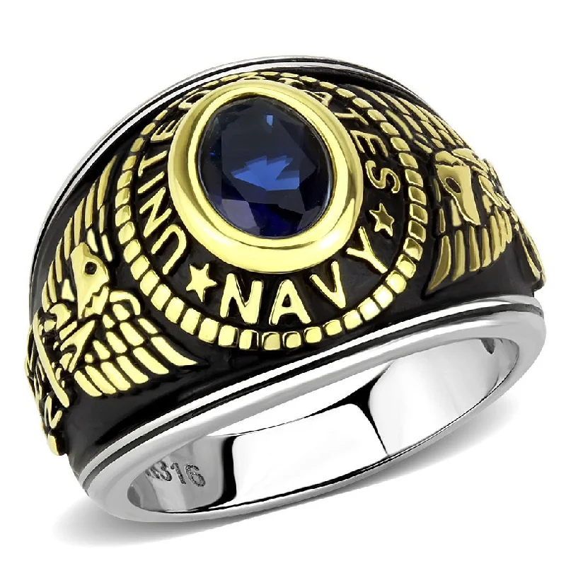 women's rings nature-inspired -Women's 316 Stainless Steel Two Tone Gold Navy Military Deep Blue Sapphire CZ Ring