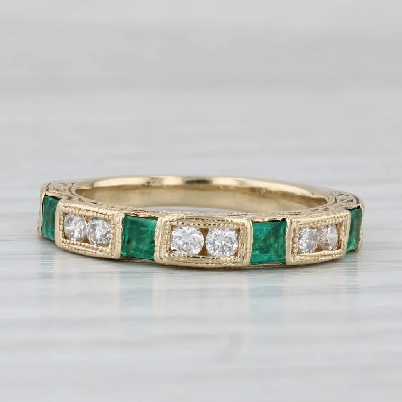 engagement rings with halo setting -0.62ctw Emerald Diamond Ornate Ring 14k Yellow Gold Wedding Stackable Band