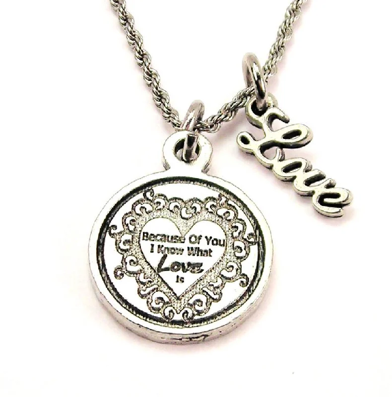 women's necklaces with ruby pendant -Because Of You I Know What Love Is 20" Chain Necklace With Cursive Love Accent