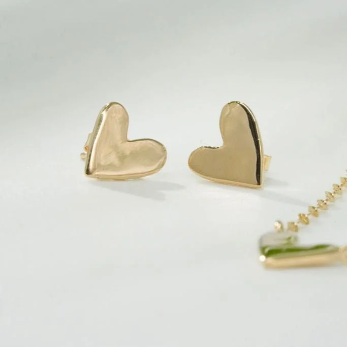 women's earrings with chain design -14K Golden Mi Amor Heart Earrings