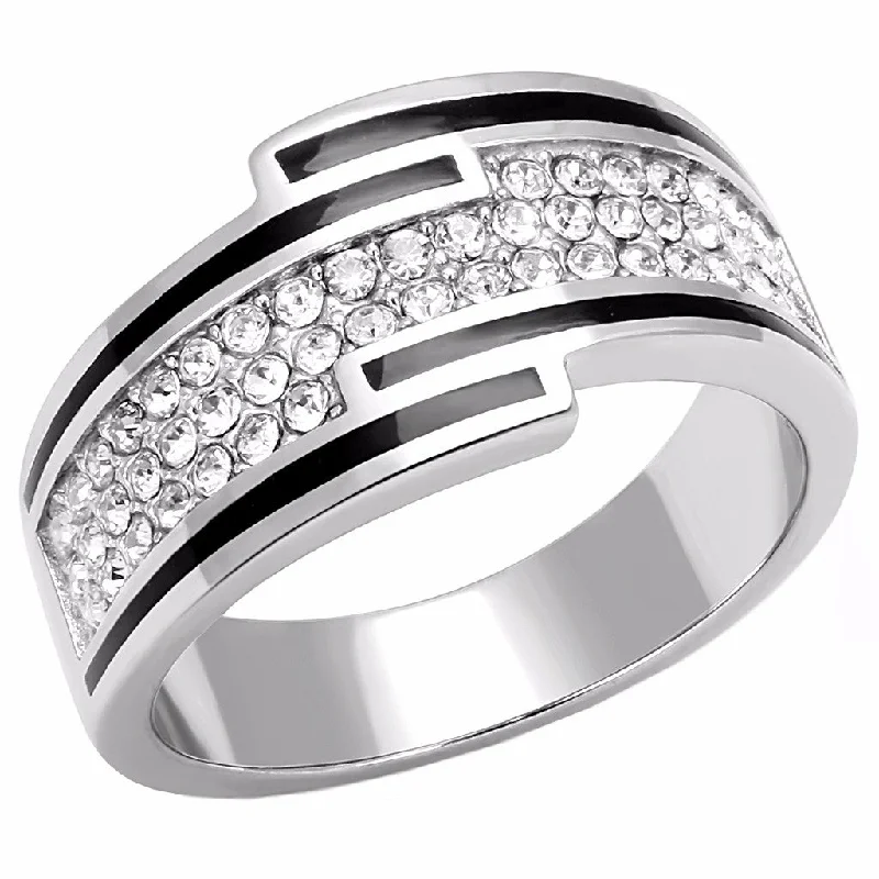 women's rings with elegant solitaire -Top Grade Clear Crystal with Black Outline set in Stainless Steel Band