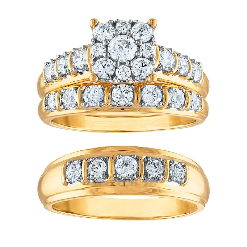 engagement rings with round diamond -EcoLove 1-1/2 CTW Lab Grown Diamond Cluster Wedding Trio Set in 10KT Yellow Gold