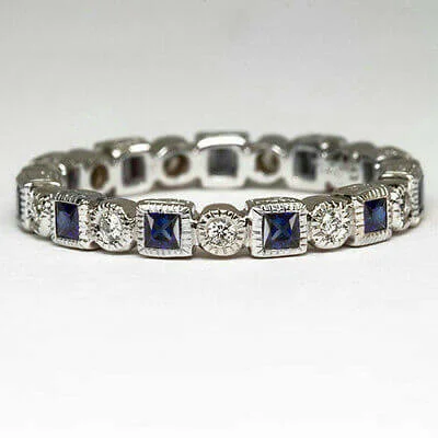 engagement rings with halo setting -BLUE SAPPHIRE 0.6ct BAND DIAMOND VINTAGE RING ETERNITY BAGUETTE WEDDING COCKTAIL