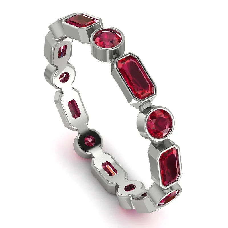 women's rings with bold design -Emerald Cut Ruby Bezel Eternity Ring - Genevieve No. 57