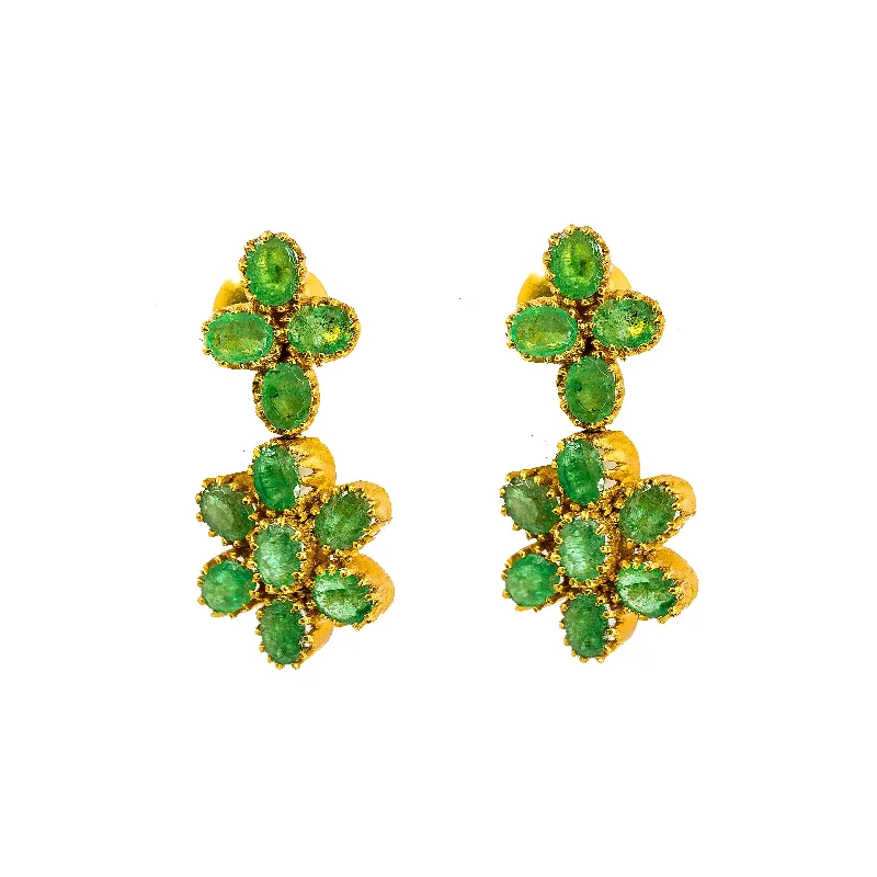 women's earrings with minimalist design -22K Yellow Gold Earrings W/ Prong Set Emeralds & Double Flower Pendants