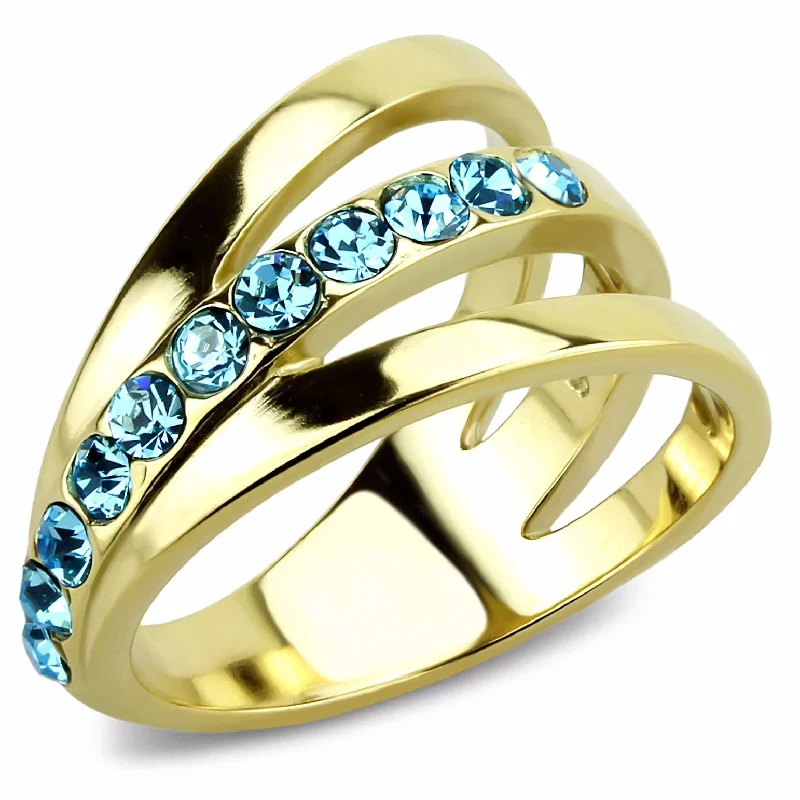 women's rings with unique twist band -3x3mm Round Cut Sea Blue Topaz CZ Gold IP Stainless Steel Band