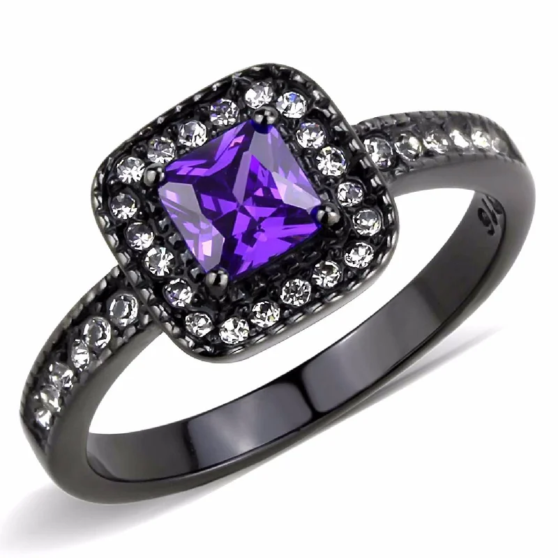 women's rings antique finish -5x5mm Princess Cut Violet Amethyst CZ Black IP Stainless Steel Cocktail Ring