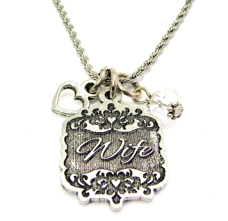 women's necklaces for anniversary -Wife Victorian Scroll With Open Heart And Crystal 20" Stainless Steel Rope Necklace