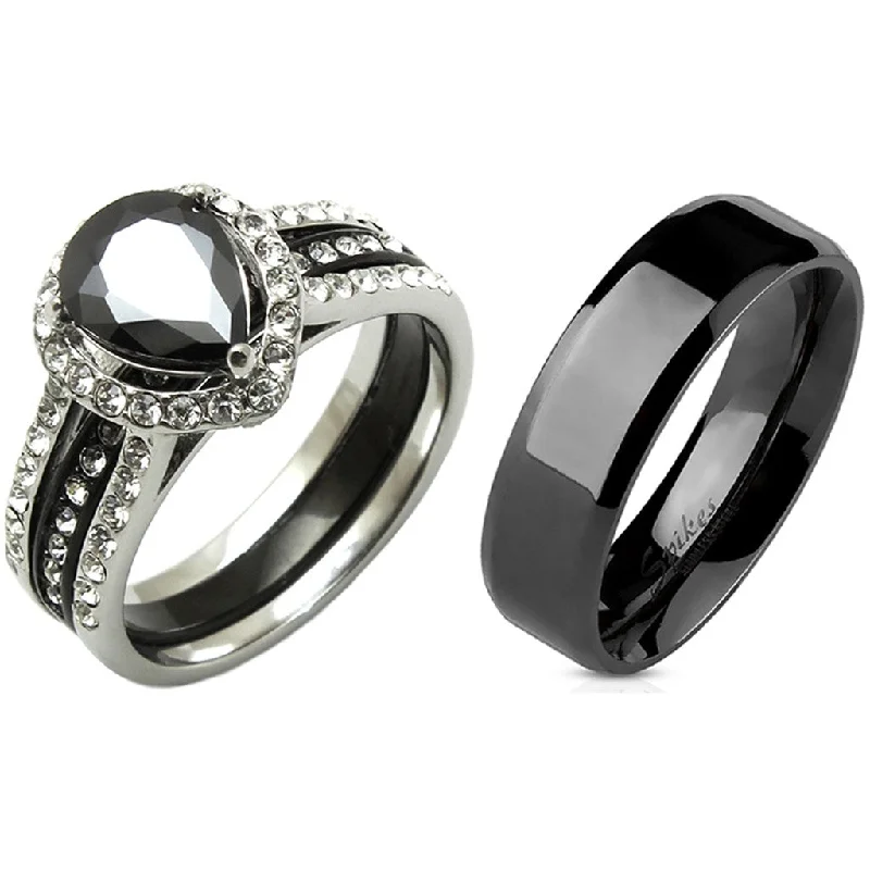 engagement rings for couples -3 PCS Couple Pear Cut Black CZ Black IP Stainless Steel Wedding Set Mens Flat Band