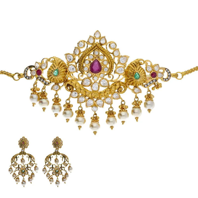 women's earrings with ruby -22K Yellow Antique Gold 2-in-1 Choker/Vanki & Chandbali Earrings Set W/ Emerald, Ruby, Pachi CZ, Pearls & Lotus Flower Design