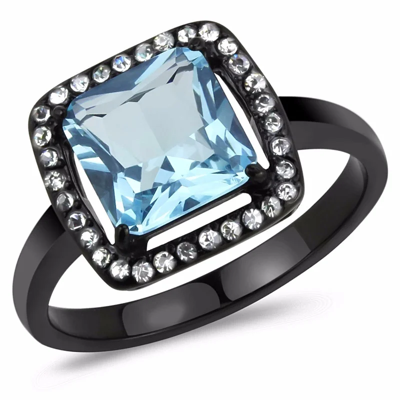 women's rings with sparkling diamonds -Big 8x8mm Princess Cut Sea Blue Topaz CZ Center Black IP Stainless Steel Ring