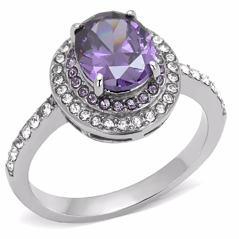 women's rings amethyst -9x7mm Oval Cut Amethyst CZ Center Stackable Stainless Steel Womens Cocktail Ring