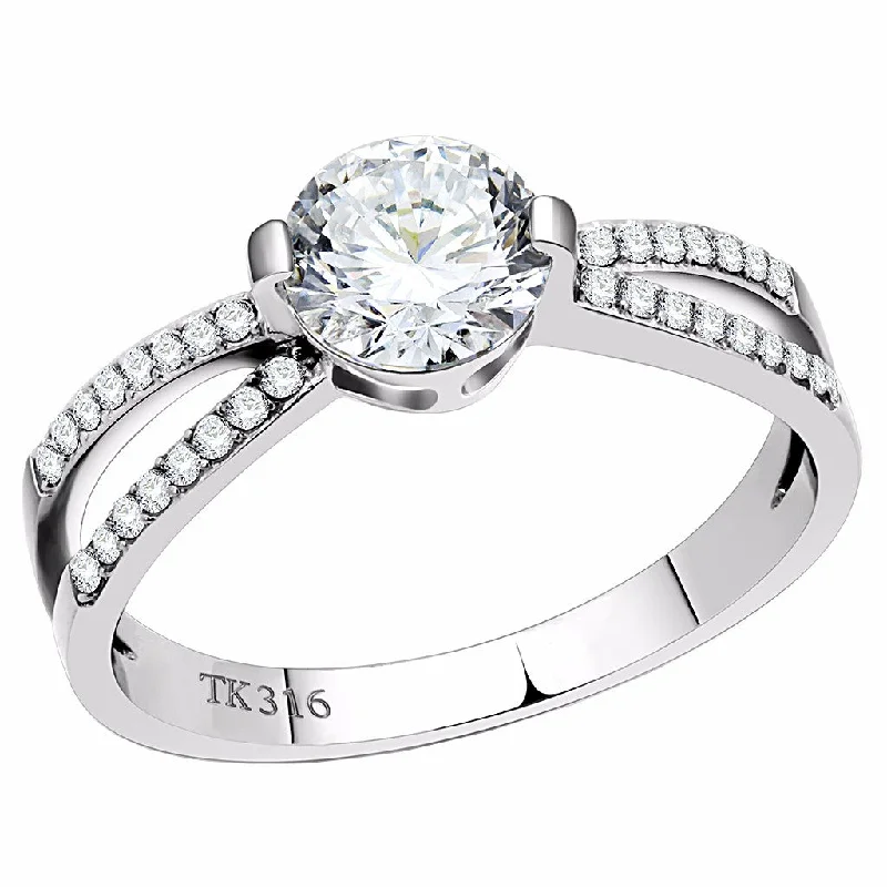 women's rings with three-stone setting -6.5x6.5mm Round Cut Clear CZ Center Set in Stainless Steel Delicate Ring