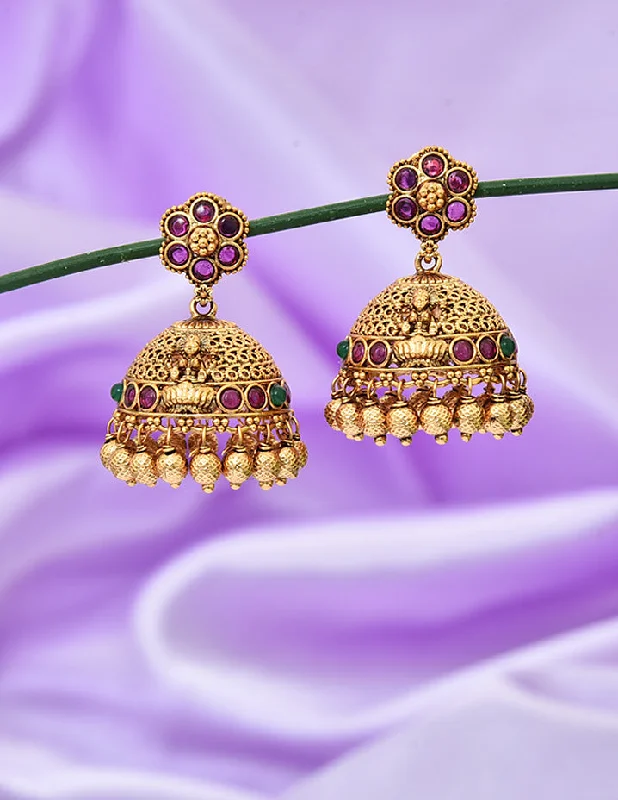 women's earrings with layered look -Designer Zirconia Kempu Jhumka Earrings