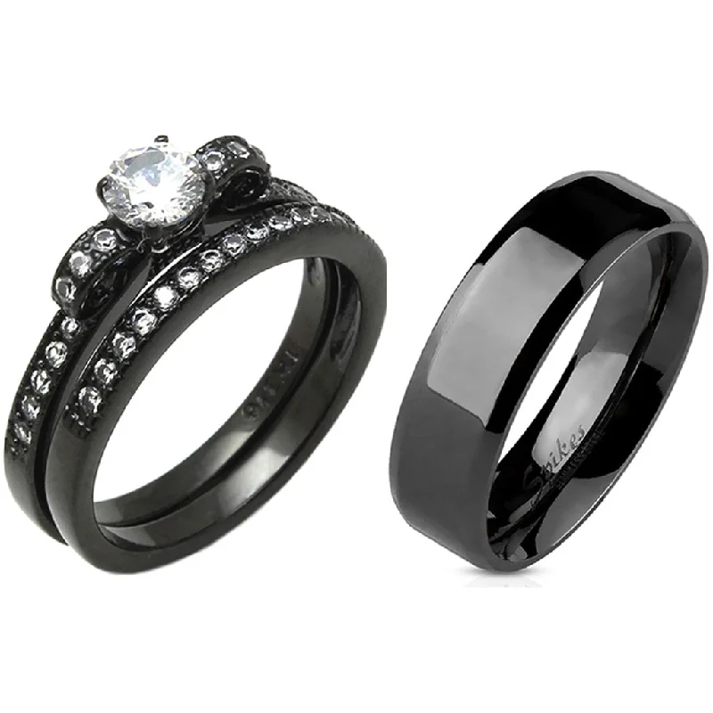 engagement rings for proposal -3 PCS Couple 5x5mm Round Cut CZ Black IP Stainless Steel Wedding Set Mens Flat Band