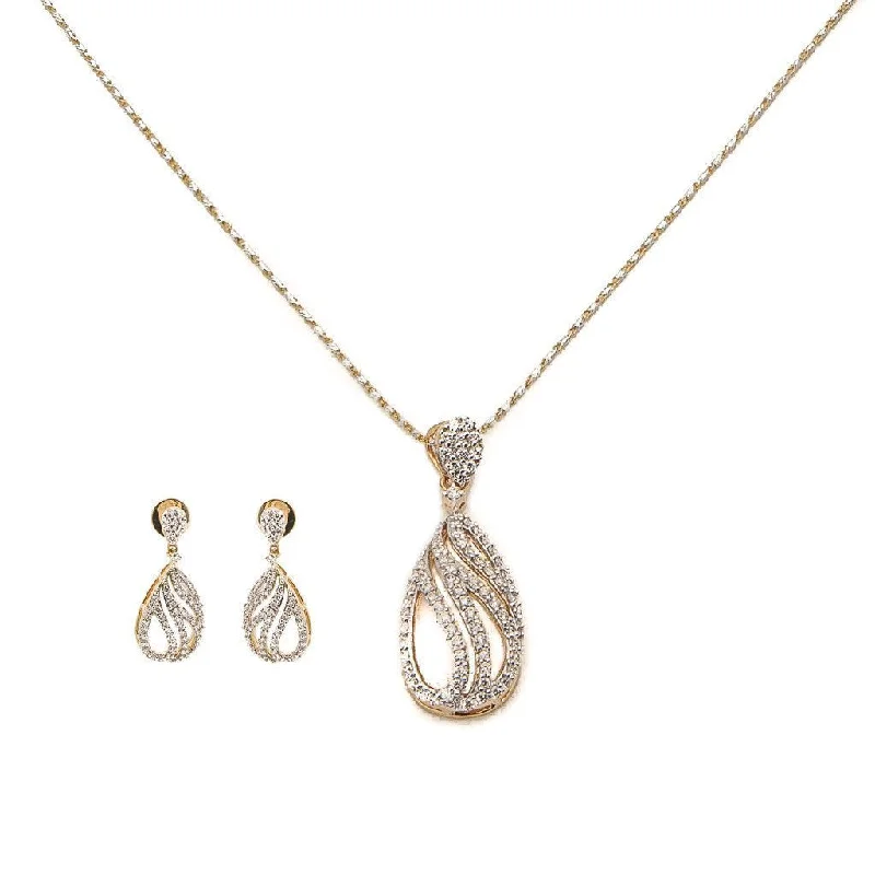 women's earrings with heart-shaped gemstone -1.4CT Diamond Tear Drop Chain Pendant & Earrings Set In 18K Yellow Gold