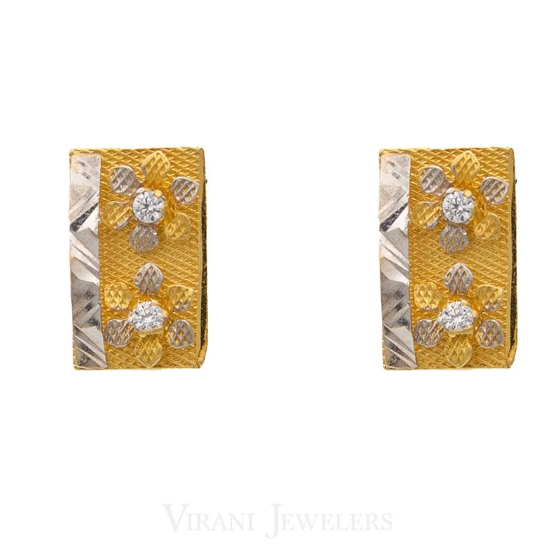 women's earrings with butterfly embellishments -22K Multitone Floral Rectangular Gold Stud Earrings