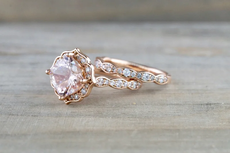 engagement rings with heart-shaped stones -Art Deco Cushion Morganite Wedding Set