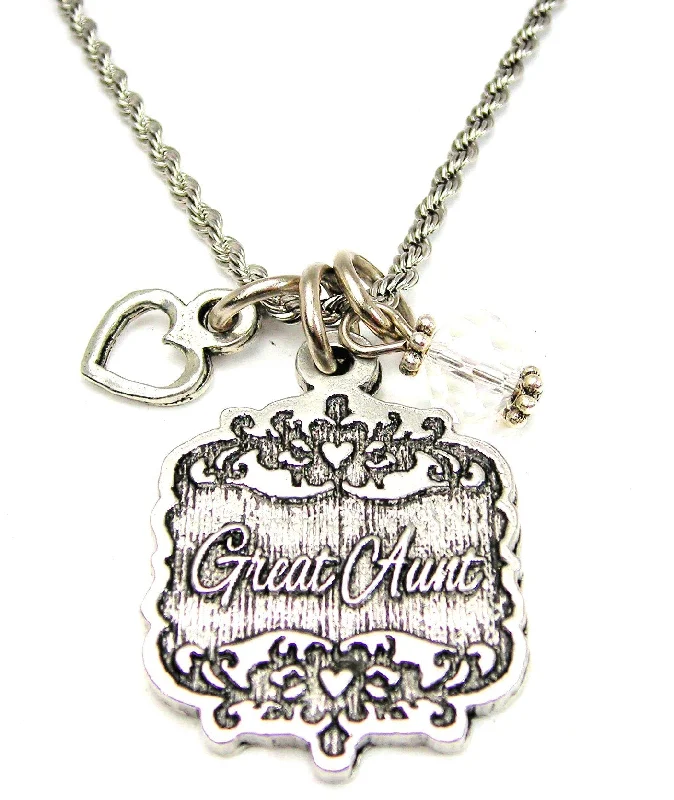 women's necklaces with heart and arrow -Great Aunt Victorian Scroll With With Open Heart And Crystal 20" Stainless Steel Rope Necklace